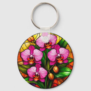 Llavero Orquídeas rosadas vibrantes y hojas verdes
