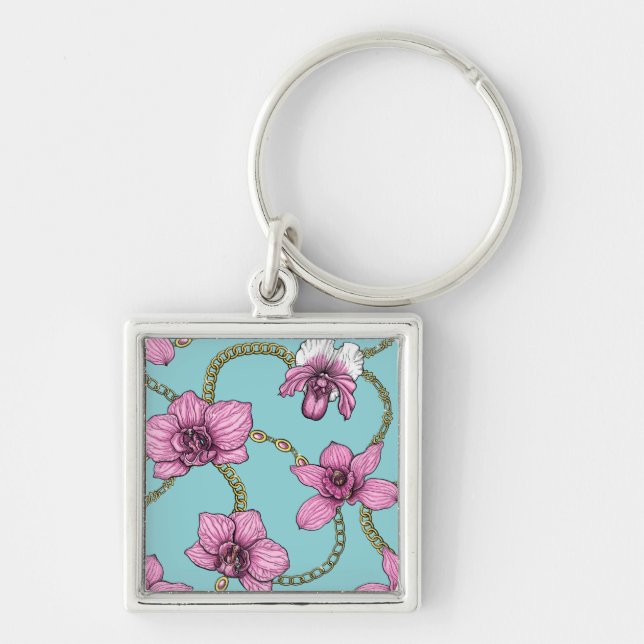 Llavero orquídeas y cadenas, rosa y azul (Frente)