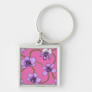 Llavero orquídeas y cadenas, violetas y rosas