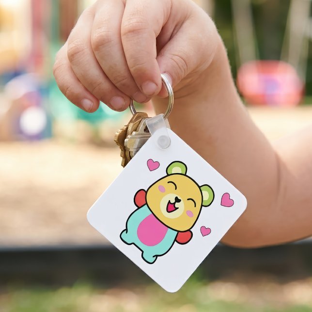 Llavero Osito Kawaii sonriente con Corazones de Amor (Cute smiling Kawaii Teddy Bear with Love Hearts. Keychain)