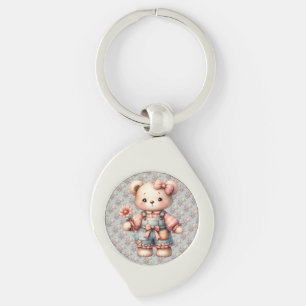 Llavero Oso de peluche pastel sosteniendo una flor con ove