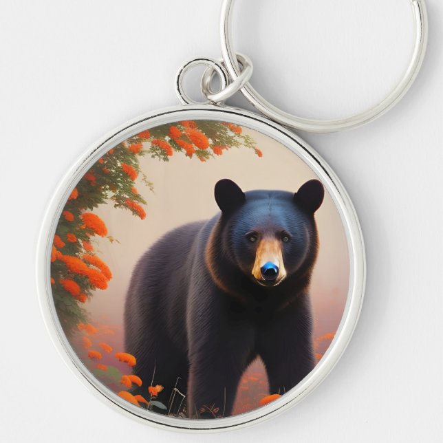 Llavero Oso negro en flores Naranjas (Frente)