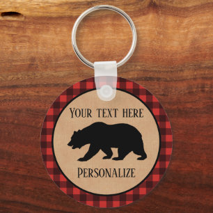 Llavero Oso Negro En Un Plaid Personalizado Rojo Y Negro