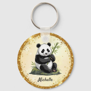 Llavero Oso Panda Lindo Personalizado Verde Bambú Dorado