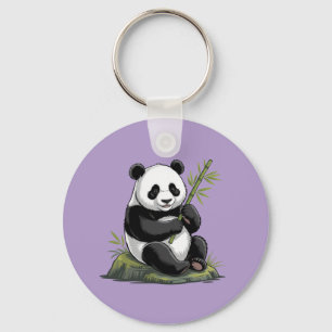 Llavero Oso Panda Lindo y Moderno con Bambú Verde Púrpura