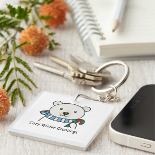 Llavero Oso Polar Adorable "Saludos Acogedores de Invierno