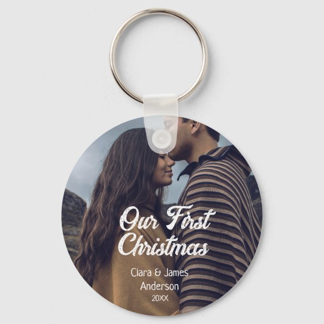 Llavero Our first Christmas couple photo name white gray (Anverso)