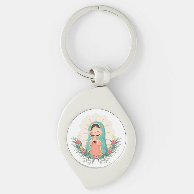 Llavero Our Lady of Guadalupe with flowers Kawaii Style (Anverso)