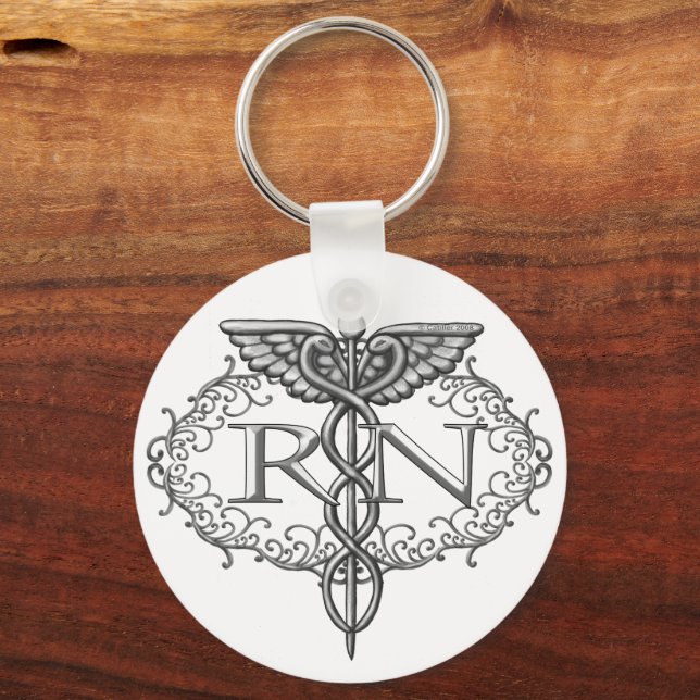 Llavero Oval Silver Caduceus RN Enfermero Keychain redondo (Anverso)
