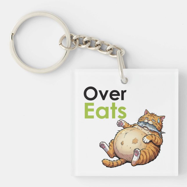 Llavero Over Eats - Funny Fat Cat Eating Fish Cartoon (Frente)