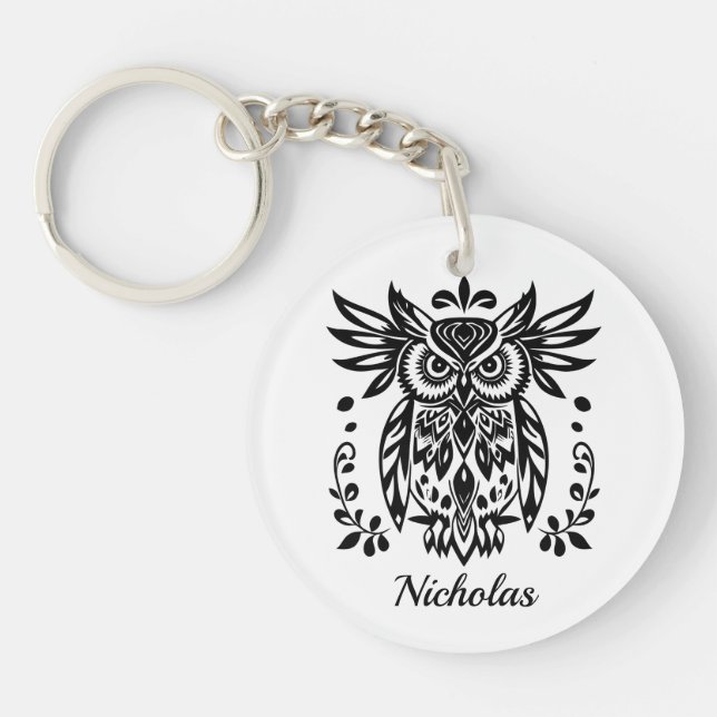 Llavero Owl Lovers Rustic Woodlands Black White Bohemian  (Frente)