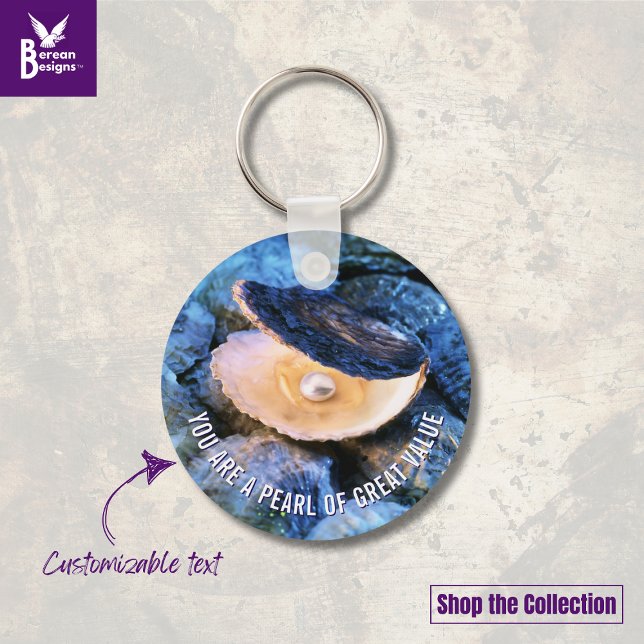 Llavero OYSTER Pearl of Great Value Personalizado Christia (Blue OYSTER aesthetic keychain with CUSTOMIZABLE Christian Bible verse. Ideal gift for her.)