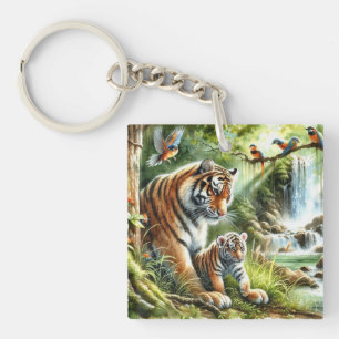 Llavero Pacífica escena de la jungla con pinturas de tigre