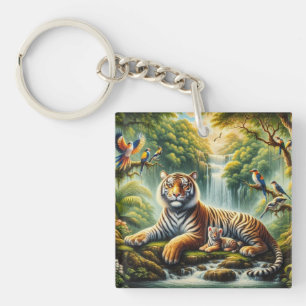 Llavero Pacífica escena de la jungla con pinturas de tigre