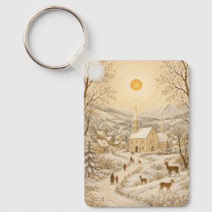 Llavero Paisaje de la Iglesia del Pueblo de Invierno Dorad