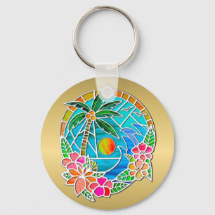 Llavero Paisaje de verano de palmera oceánica de oro y agu