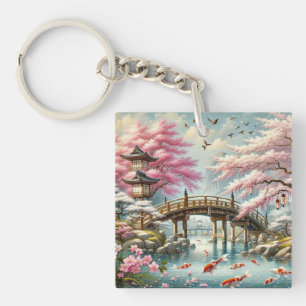 Llavero Paisaje japonés con árboles de Bridge, Koi y Sakur