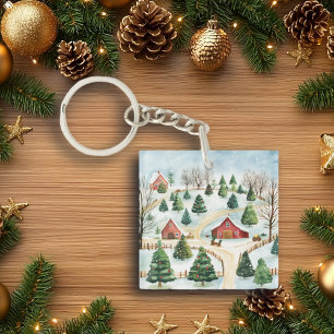 Llavero Paisaje rústico de invierno acuarela con árboles f