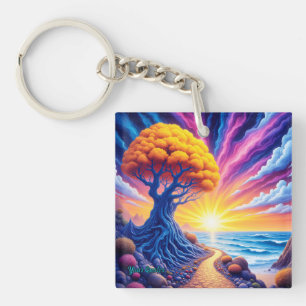 Llavero Paisaje Surrealista del Atardecer del Árbol Psicod