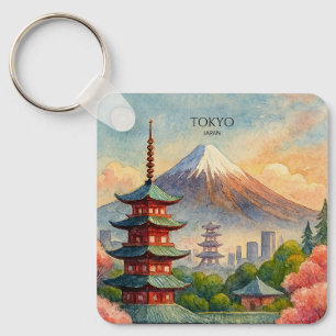 Llavero Paisaje urbano de Tokio Japón Acuarela Recuerdo