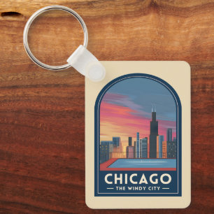 Llavero Paisaje urbano del atardecer de Chicago de viaje v