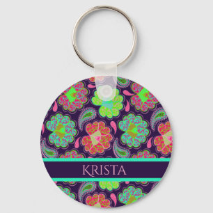 Llavero Paisley colorida elegante con nombre personalizado