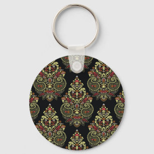 Llavero Paisley indio, fondo geométrico negro