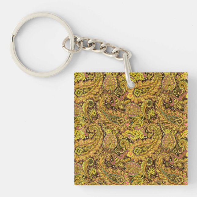 Llavero Paisley Motif in Yellow, Brown on Black Background (Frente)