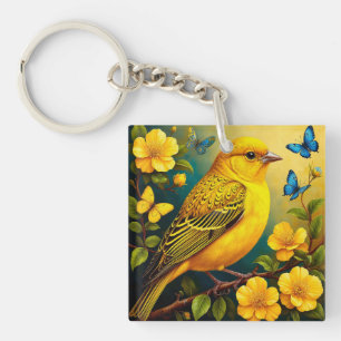 Llavero Pájaro Amarillo Posado Entre Flores Brillantes