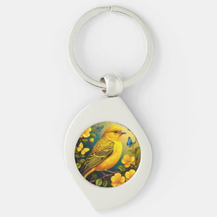 Llavero Pájaro Amarillo Posado Entre Flores Brillantes