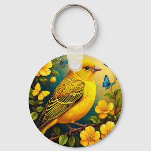 Llavero Pájaro Amarillo Posado Entre Flores Brillantes