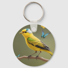 Llavero Pájaro Amarillo Vibrante Posado Entre Mariposas