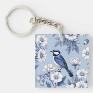 Llavero Pájaro Azul Elegante y Patrón Floral Blanco