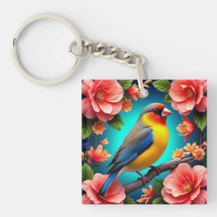 Llavero Pájaro Cantador Posado Entre Flores Brillantes