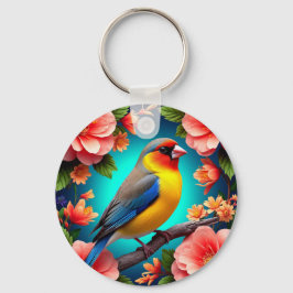 Llavero Pájaro Cantador Posado Entre Flores Brillantes