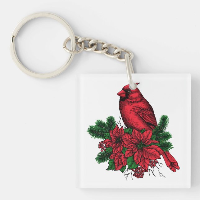 Llavero Pájaro cardinal, ilustracion Navidad (Frente)