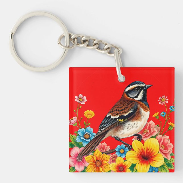 Llavero Pájaro colorido encaramado entre flores (Frente)