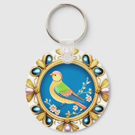 Llavero Pájaro colorido enmarcado por perlas ornamentales
