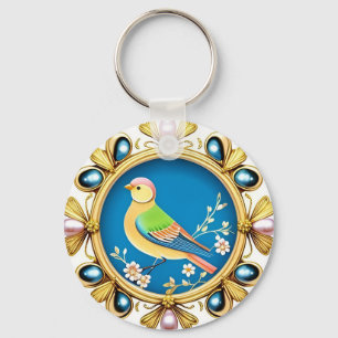 Llavero Pájaro Colorido Enmarcado por Perlas Ornamentales