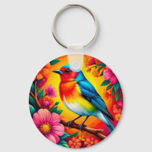 Llavero Pájaro Colorido Posado Entre Flores Vibrantes