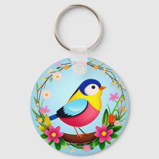 Llavero Pájaro Colorido Rodeado de Corona de Flores