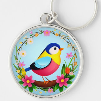 Llavero Pájaro Colorido Rodeado de Corona de Flores