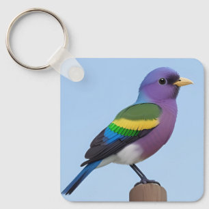 Llavero Pájaro de colores posado en un poste de madera