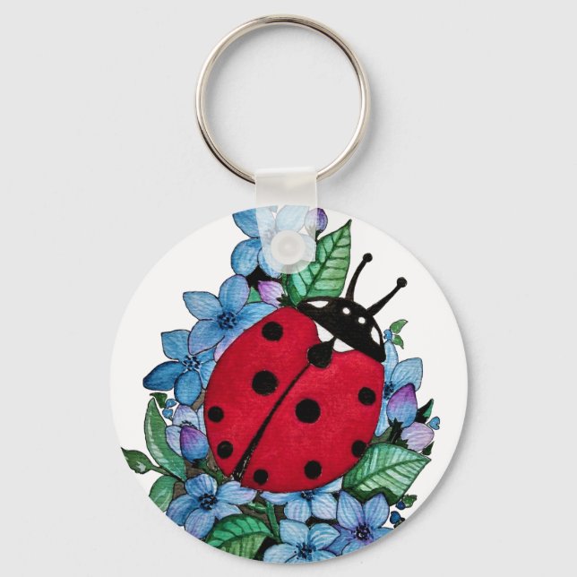 Llavero Pájaro De Ladybird Acuarela Con Flores Salvajes Az (Anverso)