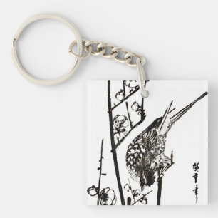 Llavero Pájaro japonés en una rama - Blanco y negro