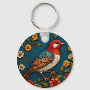 Llavero Pájaro Posado Entre Flores Coloridas