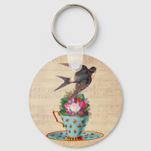 Llavero Pájaro, rosas, y taza de té del vintage