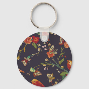 Llavero Pájaro vintage, mariposa, acuarela de bordado.