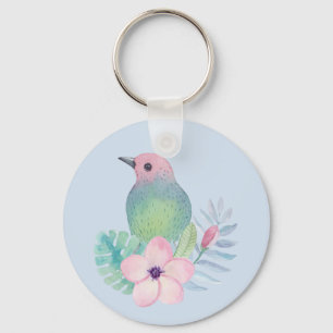 Llavero Pájaro y Flor de Acuarela