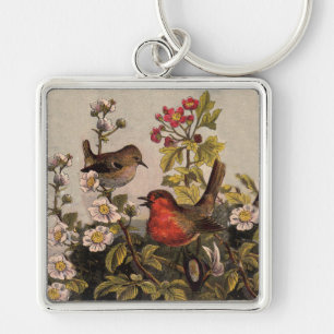 Llavero Pájaros Cantores Robin Botánico Floral Vintage